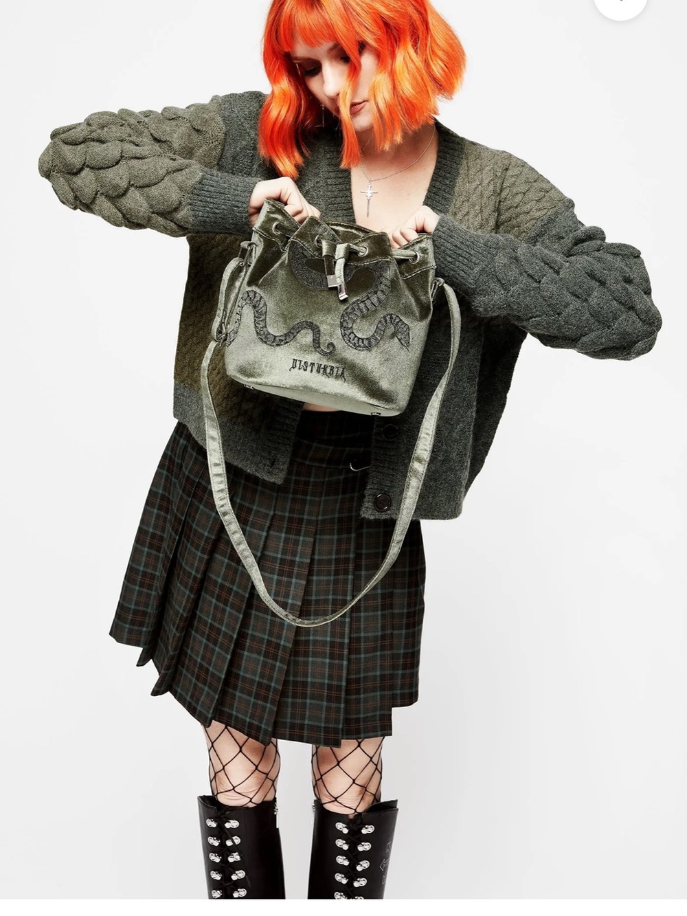 Disturbia Olive Green Velvet Drawstring Snake Bucket Bag - Picture 4 of 13